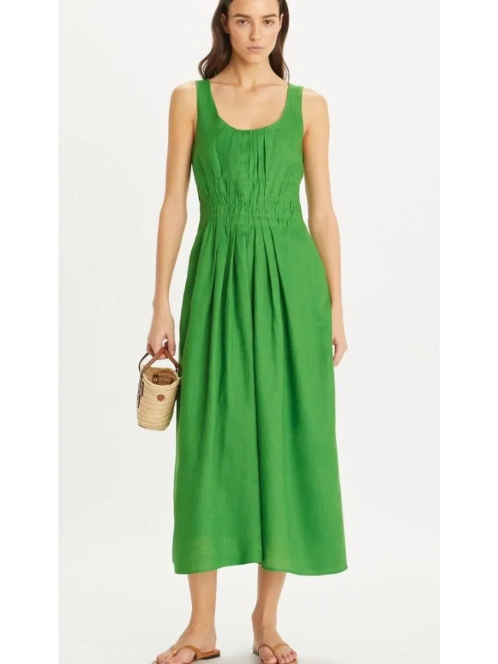 Tory Burch Pleated 100% Linen Midi Dress Bright Green Leaf Size 6